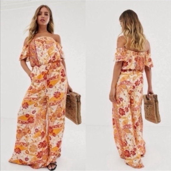 Free People Women Jumpsuit Romper XS Orange Paisley Floral Wide Leg Resort Vacay - Picture 1 of 8